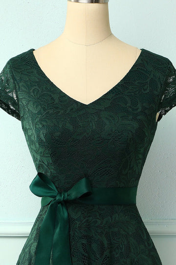 Abito in pizzo verde damigella d'onore con scollo a V